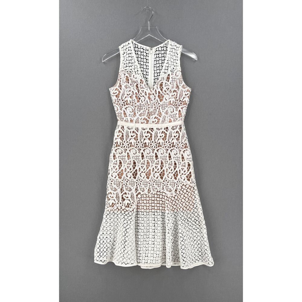 BARNEYS NEW YORK Crochet Lace Dress Womens XS White V-neck Sleeveless Tulip Midi - Picture 3 of 16